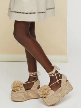 Beige Espadrille Platform Sandals with Pom Pom and Ankle Tie